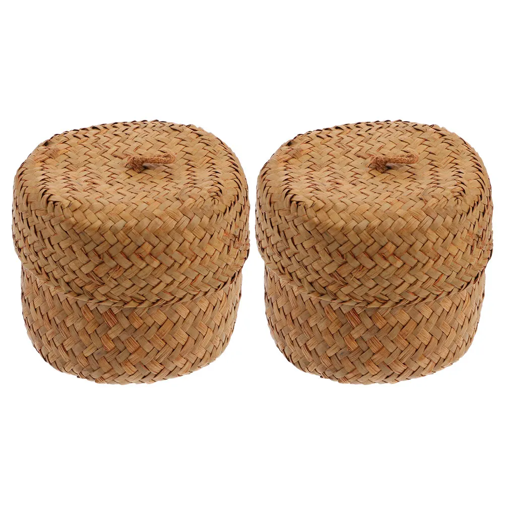 

2pcs Lidded Seagrass Storage Natural Hand Organizer Box Woven Gift Basket For Kitchen Home Wedding Party Multi Functional