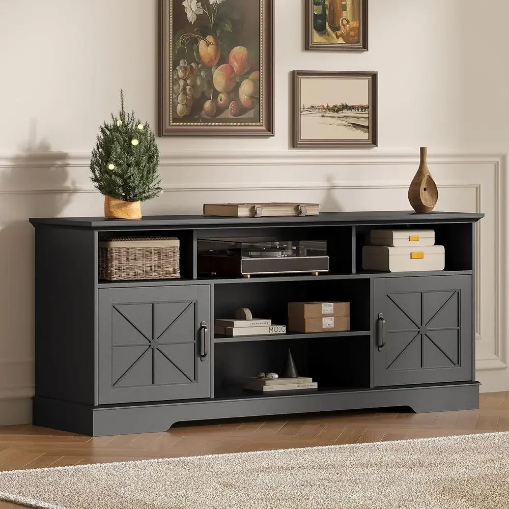 65 TV Stand with RGB Lighting, 59 Media Console, Adjustable Shelf & Storage, Rustic Barn Door Design