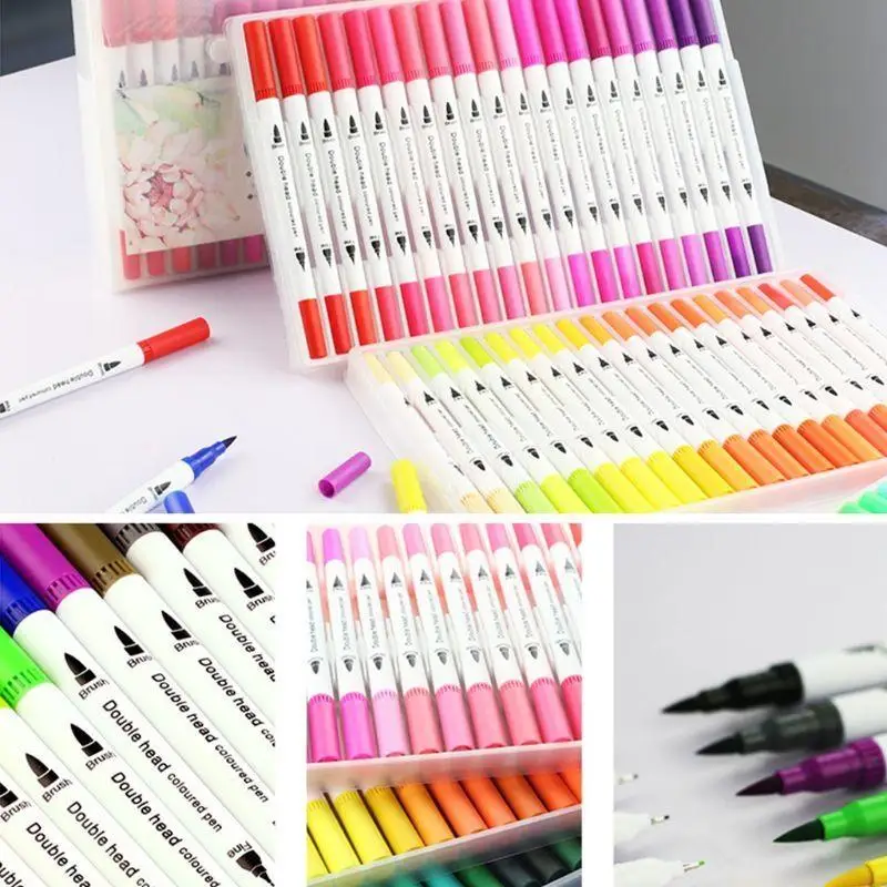 12/24/36/48/60/80/100 Color Fineliner Art Marker Pens Drawing Painting Watercolor Dual Tip Brush School Stationery Supplies