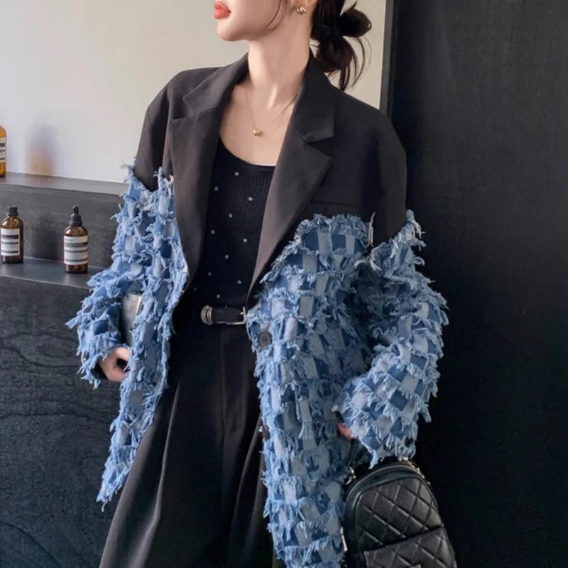 Cowboy patchwork suit jacket for women's spring and autumn new style checkered fringe suit