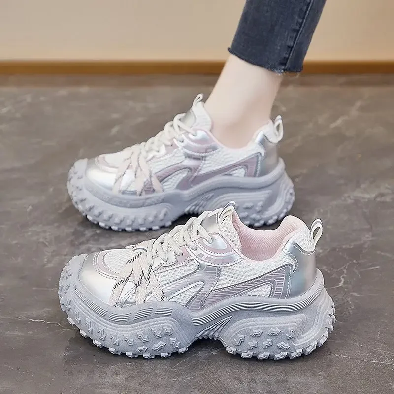 

2025 New Spring Women's Thick Sole Dad Shoes Korean Style Mesh Breathable Height Increasing Casual Sneakers