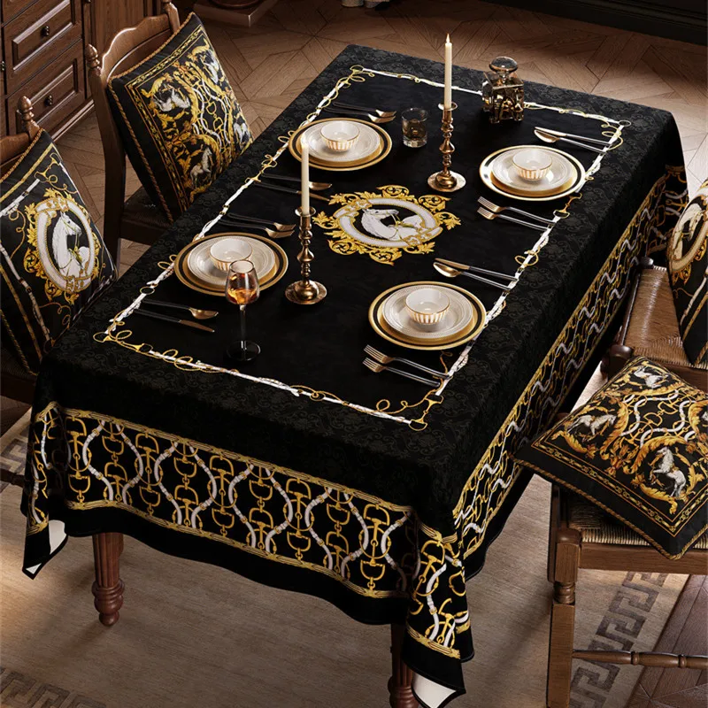 

Luxury Baroque Black Gold Velvet Tablecloth Horse Print Washable Oblong Dinner Table Cover for Home Party Wedding Event Decor