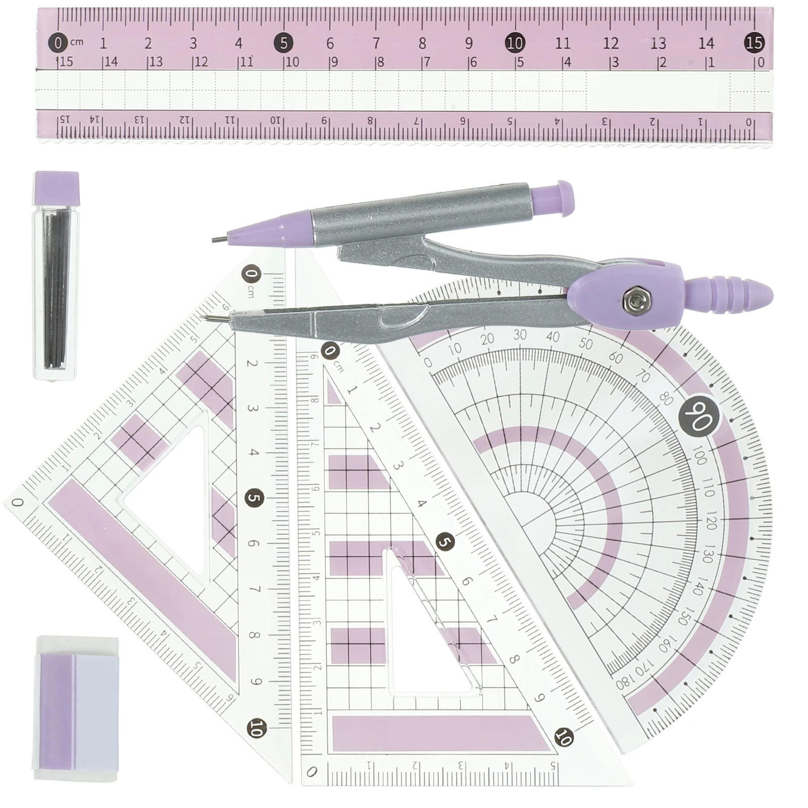 

1 set Ruler Set Pink Kids Drawing Stationery Office Compass Protractor Geometry Tools Clear Numbers Lightweight Portable