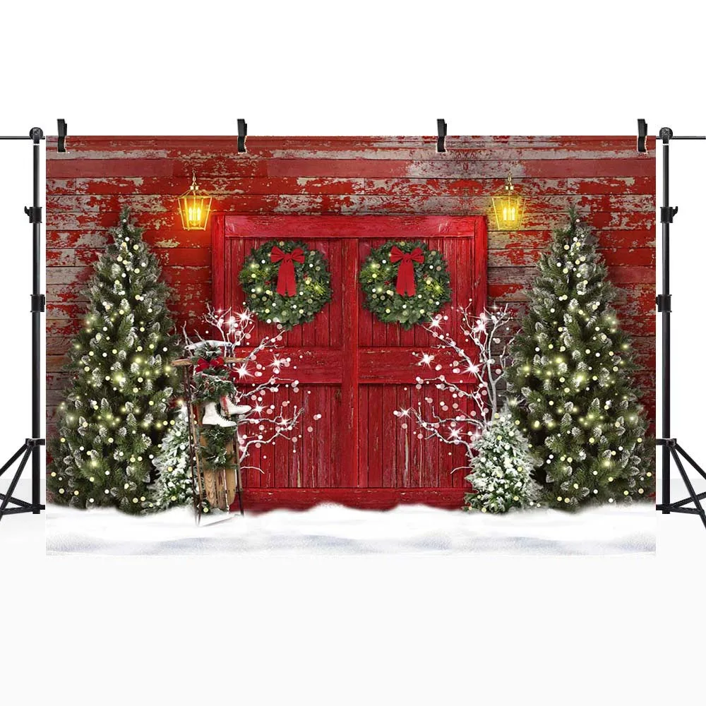 Mocsicka Winter Christmas Backdrops for Photography Red Wooden Door Pine Tree Snowfield Photo Background Girl Portrait Photocall