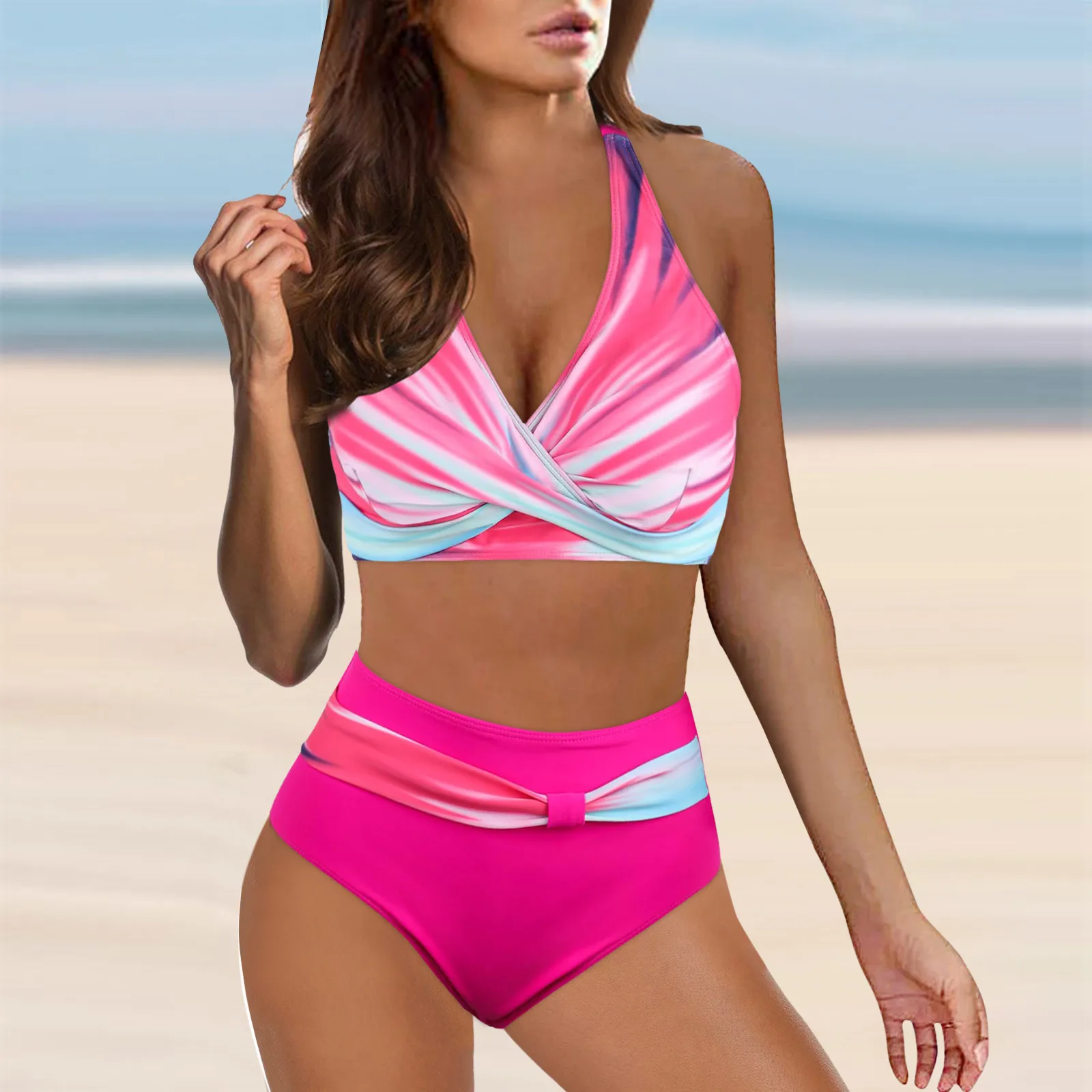 Dwuczęściowe kostiumy kąpielowe Moda damska bikini z wysokim stanem Push Up Vintage Stroje kąpielowe Halter Top Tummy Control Ruched Bottom