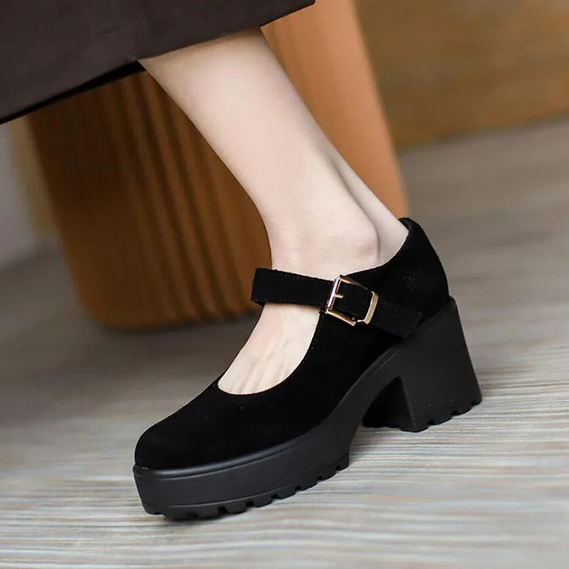 Autumn Women Flock Mary Jane Thick-soled Square-heeled Shoes Female Harajuku thick-heeled Japanese Single Shoes 2024 Pumps