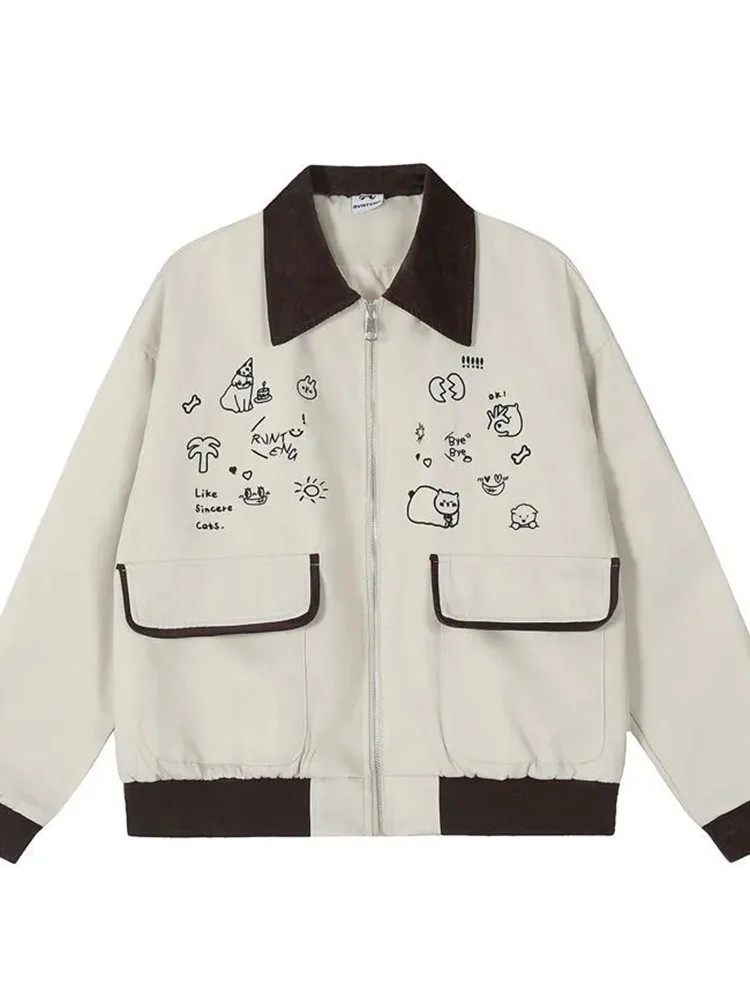 

Милый винтажный жакет с принтом для женщин, в стиле преппи, свободный, с длинными рукавами, кавайное пальто, японский весенний, с вышивкой, с милыми карманами, верхняя одежда в стиле BF
