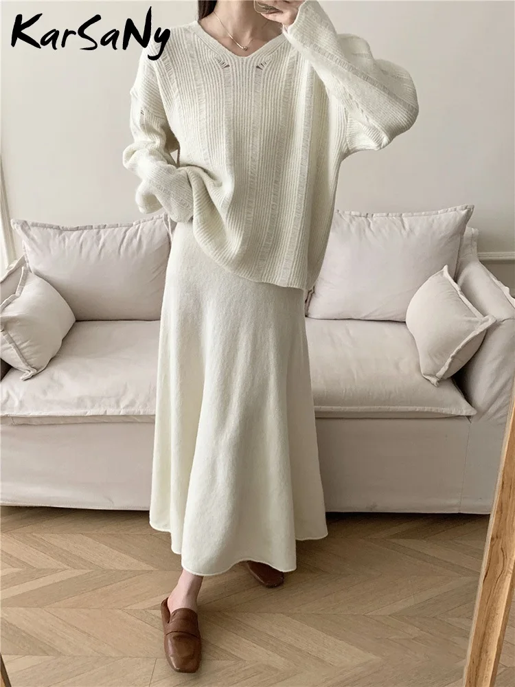 Knitted Skirt Set For Women Pullover Sweaters Hollow Out White Autmun Winter Vintage Sweater Skirt Sets Women 2 Piece Outfit