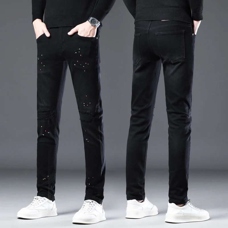 

high-quality autumn and winter splashed ink ripped black jeans men's pants slim fit elastic small leg pants casual men's pants