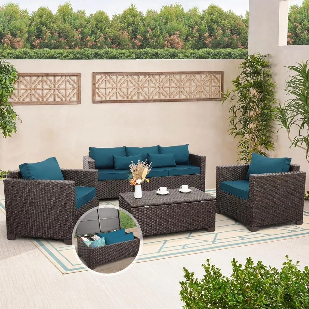 Patio Furniture Set 4 Pieces Outdoor Furniture Sets Patio Couch Outdoor Chairs Coffee Table with Storage Peacock Blue No-Slip