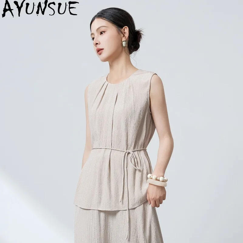 AYUNSUE 91.1% Silk Women's Tanks O-neck Sleeveless Tank Tops for Woman Versatile Commuting Summer Top Woman Clothes Ropa Mujer