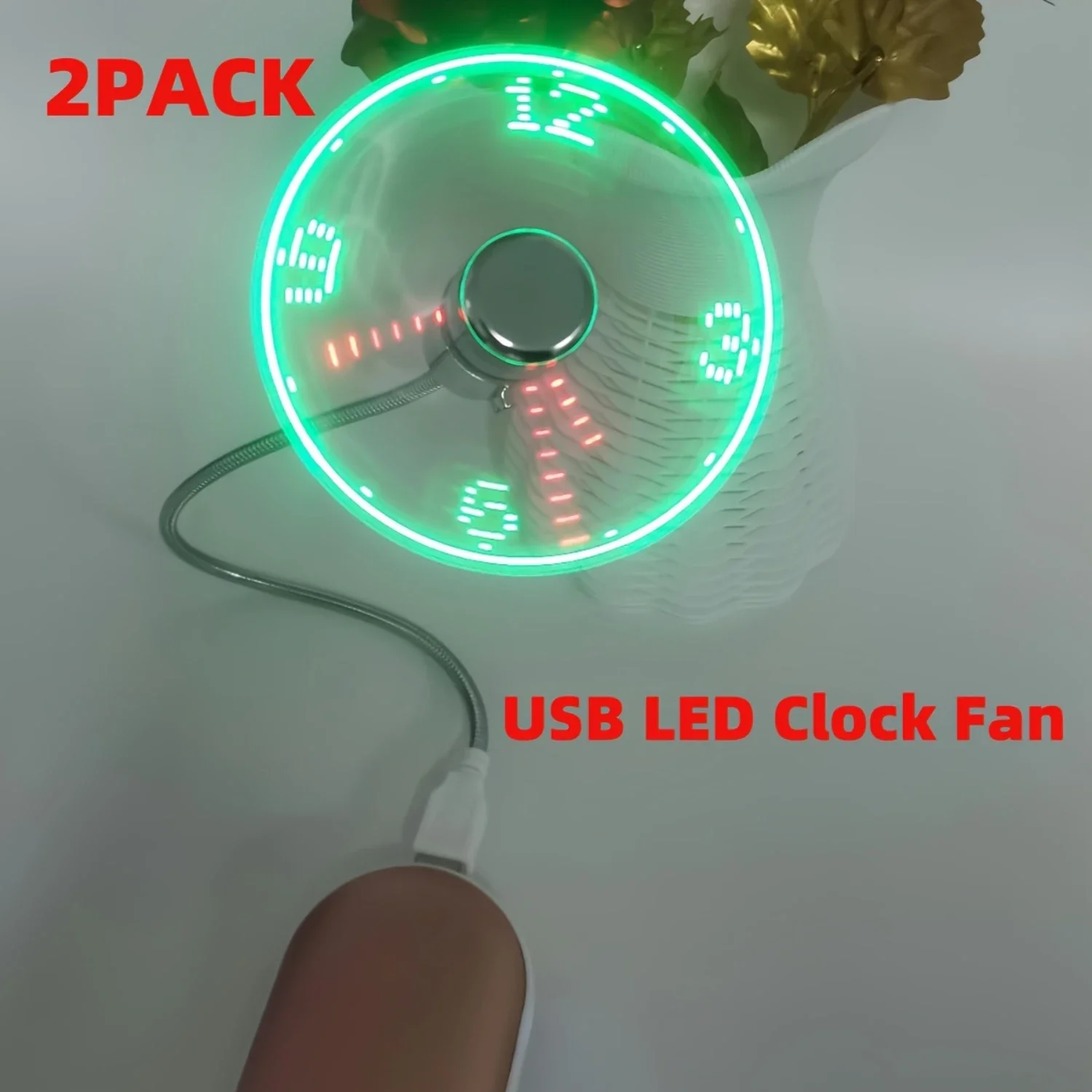 2Pack USB LED Clock Fan, Mobile USB Real Fan Time Display 90mm USB-Powered, Mini USB Fan Programmable Edit LED Display Fan, Port