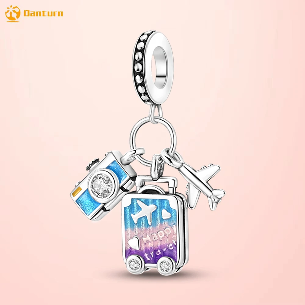 Danturn 925 Sterling Silver BeadsCamera Luggage Airplane Dangle Cha fit Original Pandora Bracelets for Women Jewelry Making Gift
