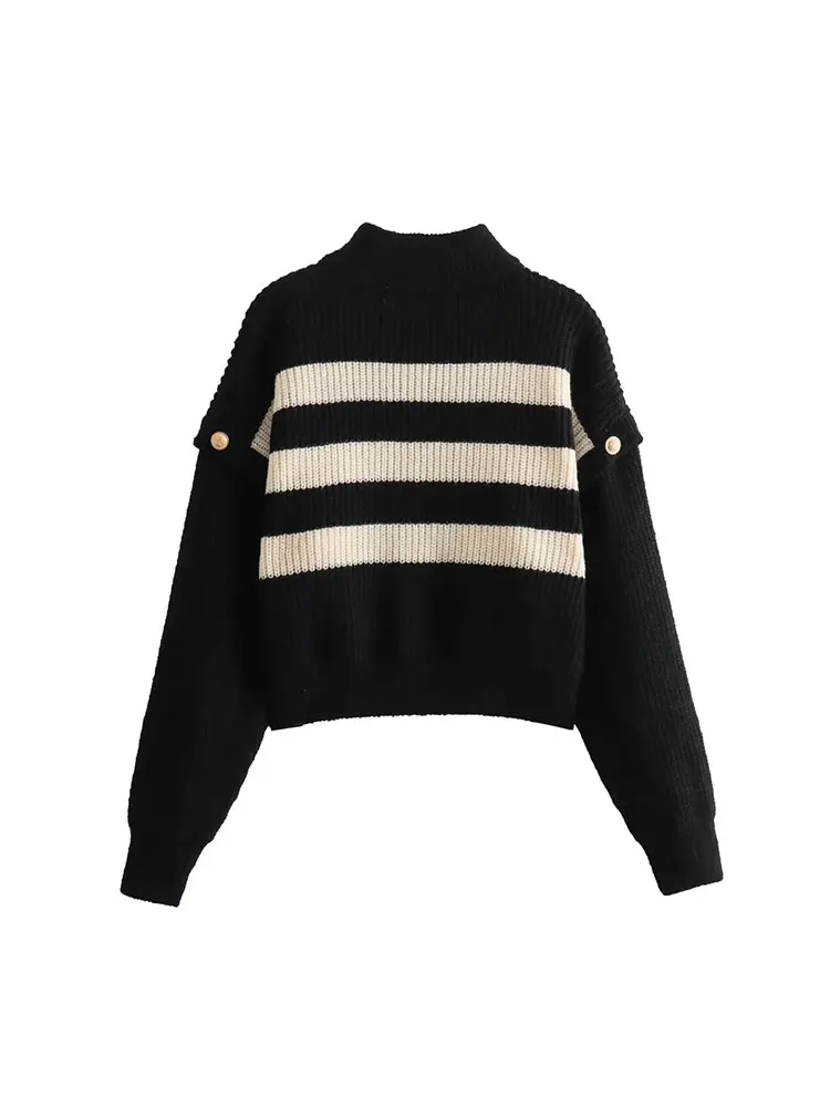 TRAF 2024 Spring Autumn Striped Sweater Woman Button Knitted Turtleneck Sweaters For Women Long Sleeve Cropped Pullovers Top