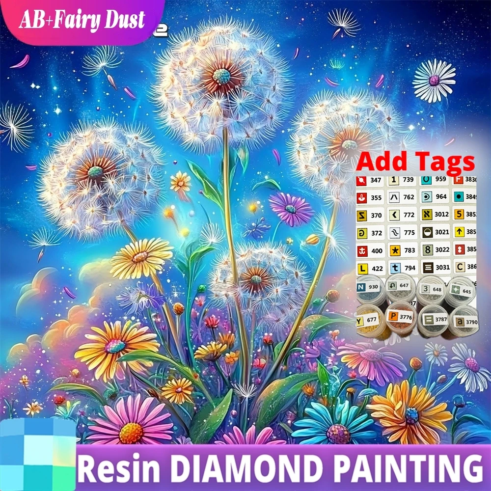 

Алмазная вышивка 5D с полной выкладкой стразами Resin Fairy Dust AB, мозаика, цветы, одуванчики, DIY картина из страз, декор с ромашками