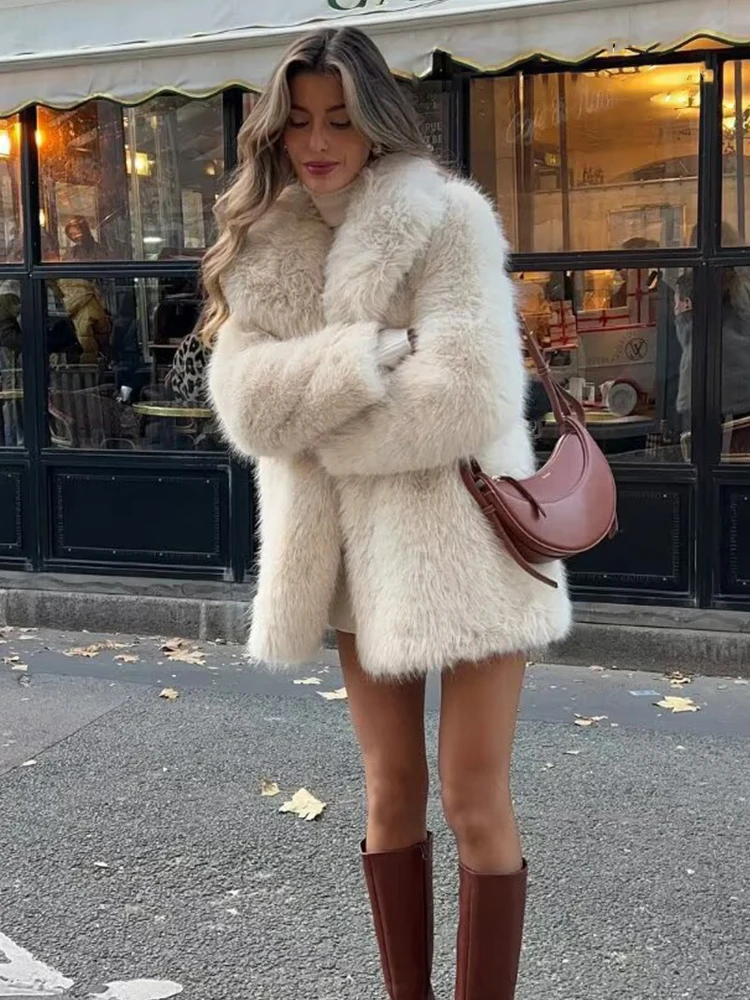 HH Women's Winter New Fashion Lapel Solid Pockets Long Sleeves Fur Coats Female Vintage High Street Causal Warm Fur Jacket