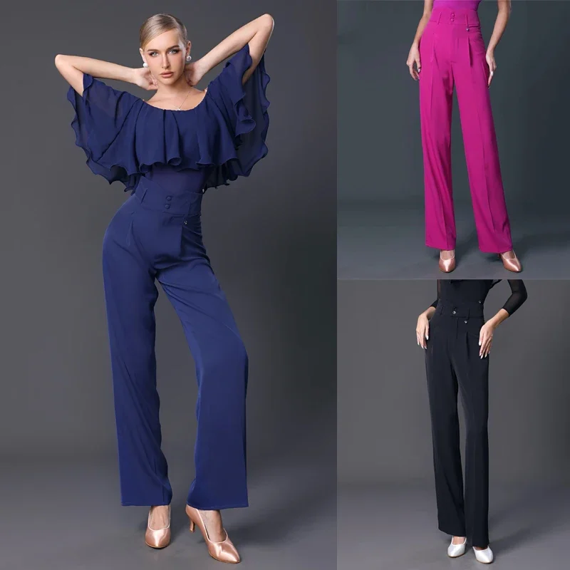 

Fashion High-Waist Modern Dancing Pants Women'S National Standard Trousers Blue Latin Dance Pants Practice Dancewear