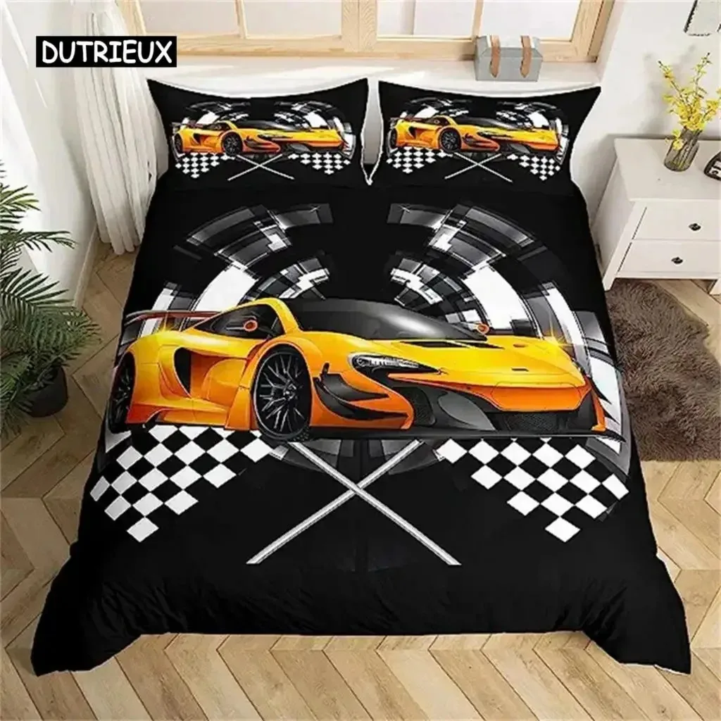 

Racing Dirt Bike Duvet Cover Race Car Competition Extreme Sports Black and White Grid for Kid Boy Men Red Automobile Room Decor