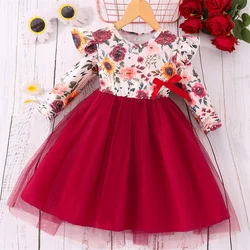 Girls Prints Dresses Kids Floral Long-sleeved Tulle Vestidos New Spring Fashion Clothing Children Autumn Princess Bow Gown