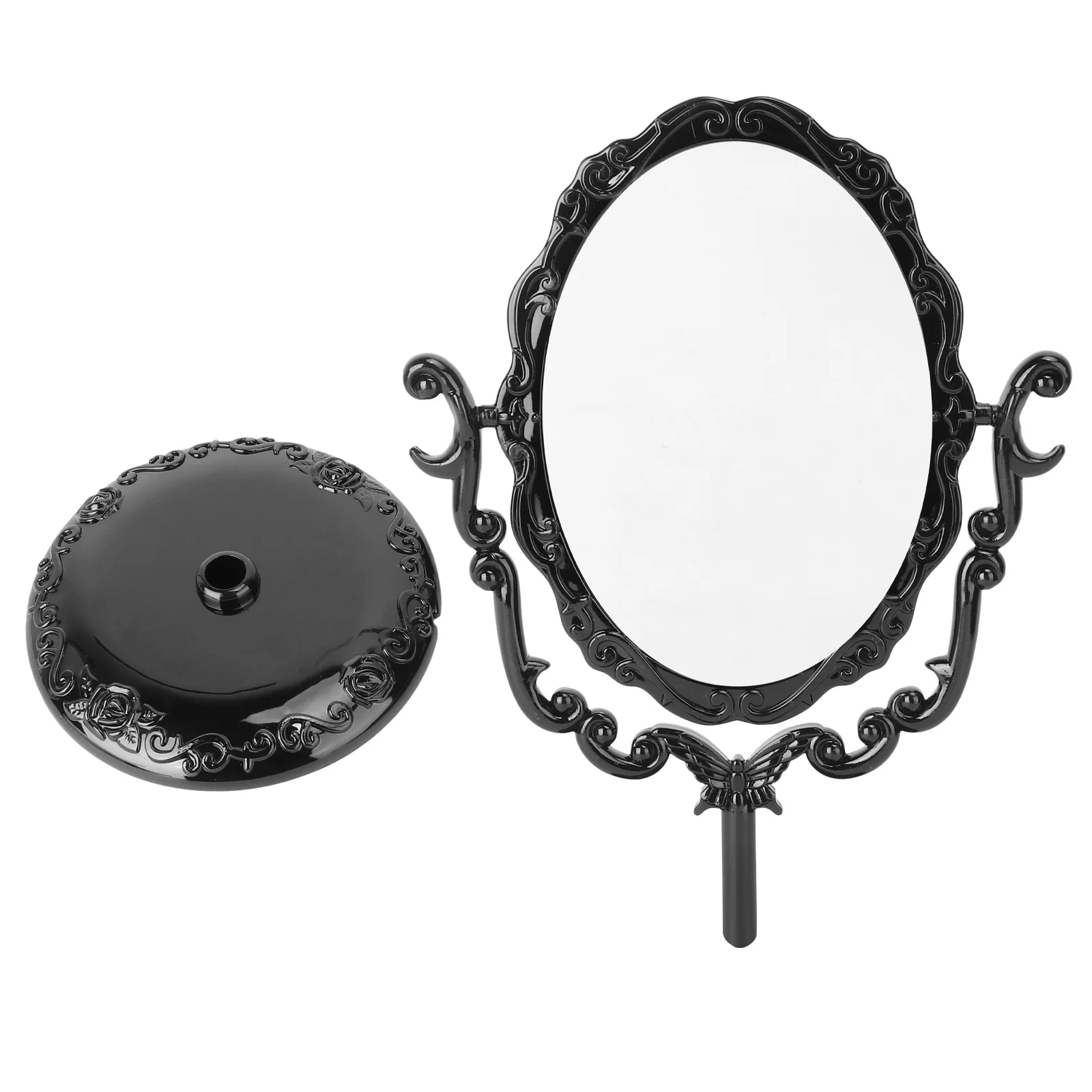 Gothic Desktop Rotatable Vintage Makeup Mirror Black Frame Elegant Rose Pattern Stable Bracket One Side Mirror