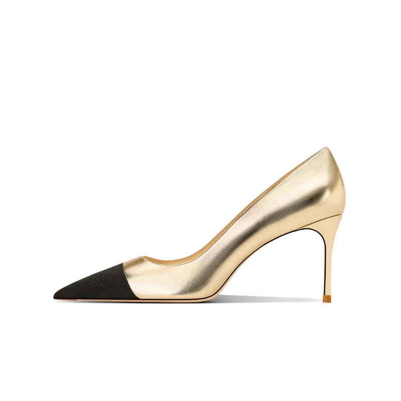 حذاء نسائي بكعب عالٍ من الجلد الطبيعي 2025 حذاء ذهبي جديد بمقدمة مدببة وكعب نحيف أنيق ومتعدد الاستخدامات #2