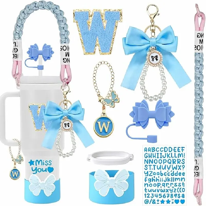 DIY Pearl Bow Key Chain Set with Straw Cap Cup Sleeve Woven Rope Rubber Ring Butterfly Letter Pendant Sticker Cup Accessories