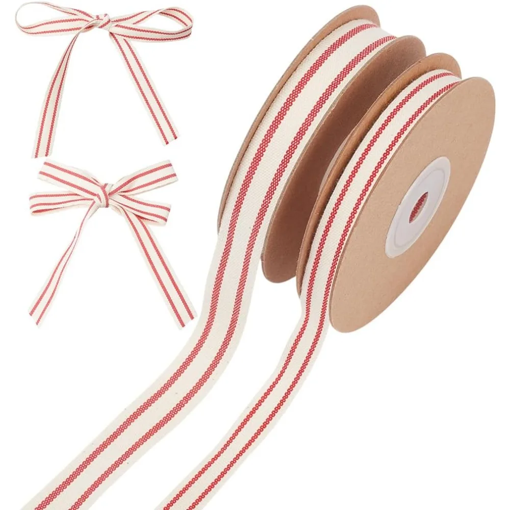 2 Rolls 2 Styles Cotton Striped Ribbons for Clothing Decoration Red 3/8~5/8 inch(10~16mm) 10 yards/roll 1 roll/style