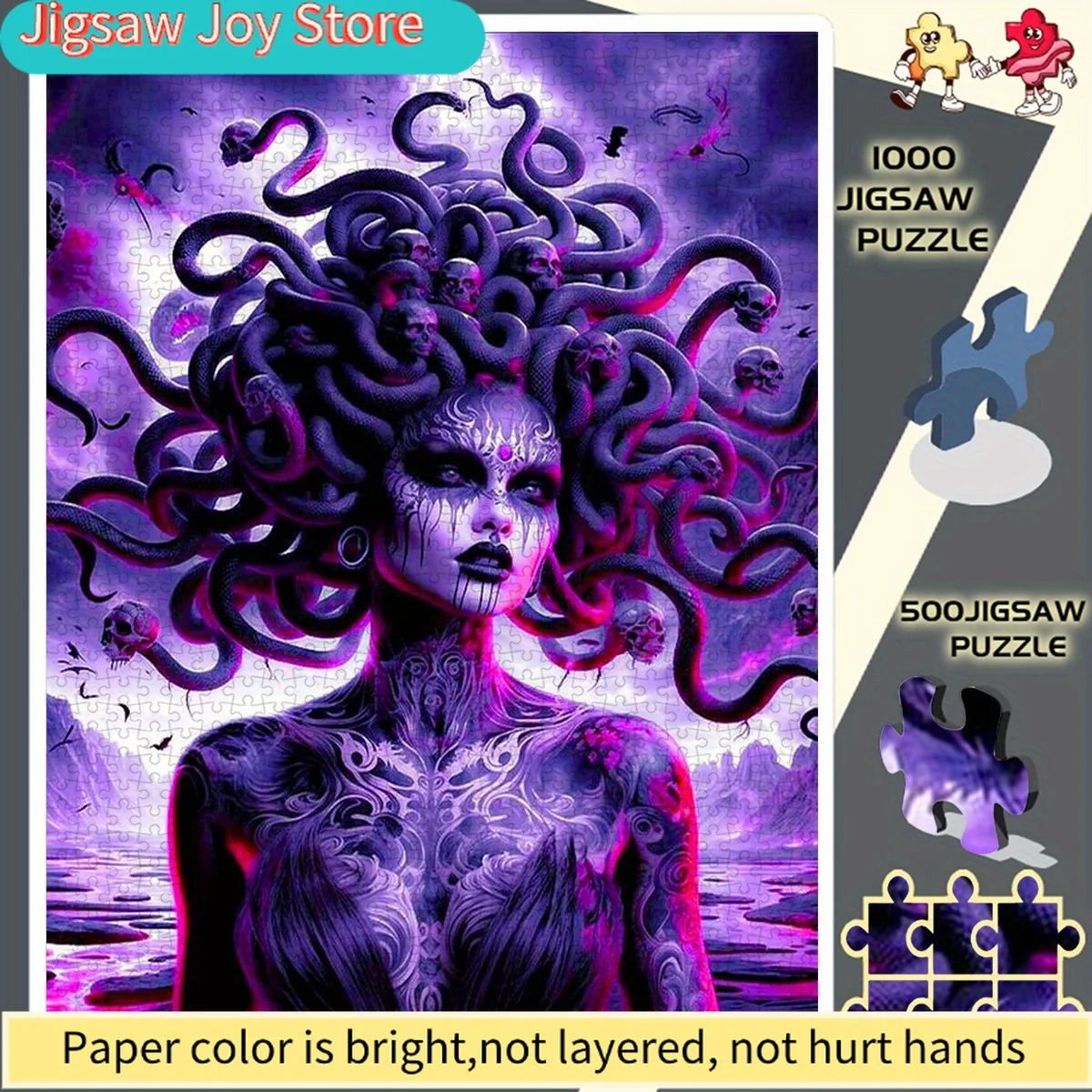 

Потрясающий пазл без рамки «Пурпурный череп медузы с волосами-змеями» — идеально подходит для любителей пазлов — бумажный пазл