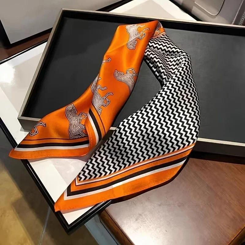 

Orange Striped Horse Square Scarf Women's Natural Silk Scarf Casual Versatile Decoration Small Neck Scarf