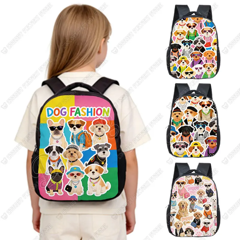 Cute Dogs in Fashion Pattern Backpack for 2-4 Years Old Cartoon Puppy Wearing Clothes and Sun Kindergarten Toddler Bags Bookbag