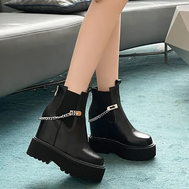 Fujin 12cm New Genuine Leather Women Microfiber Wedge Warm Winter Ankle Knee High Boots Platform Plush Autumn Hidden Heel Shoes