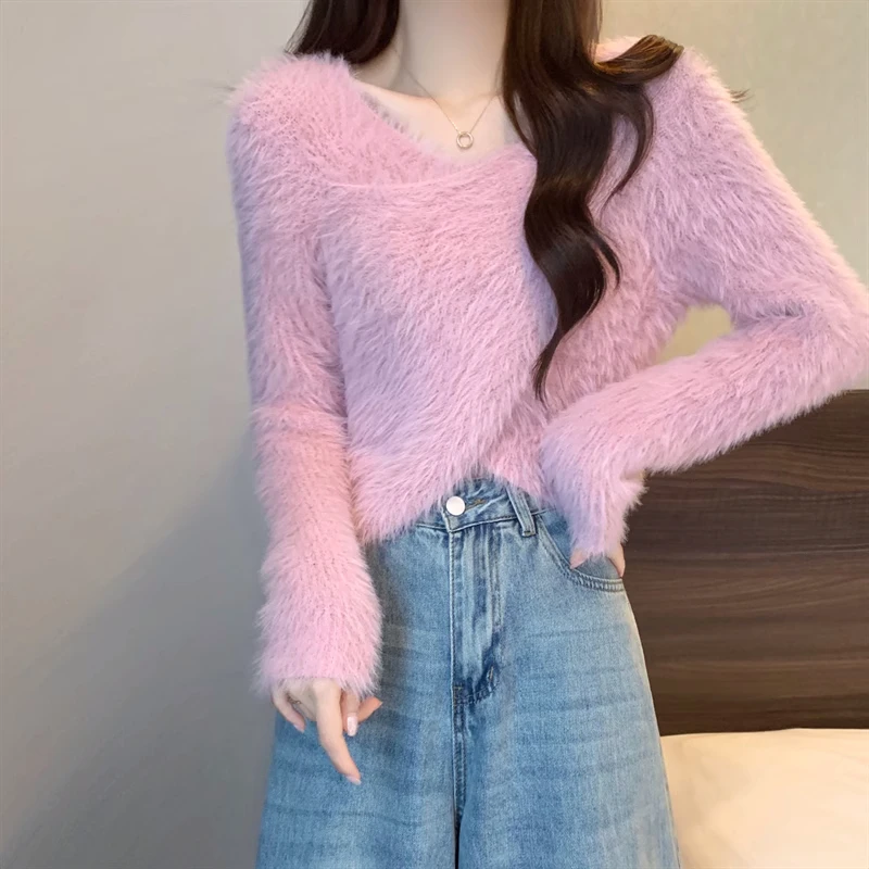 Fluffy Surplice Sweater Pullovers Women Soft Fuzzy Long Sleeve Knit Jumper Pink Crop Sweater Fall Winter Y2K 90s Outfit