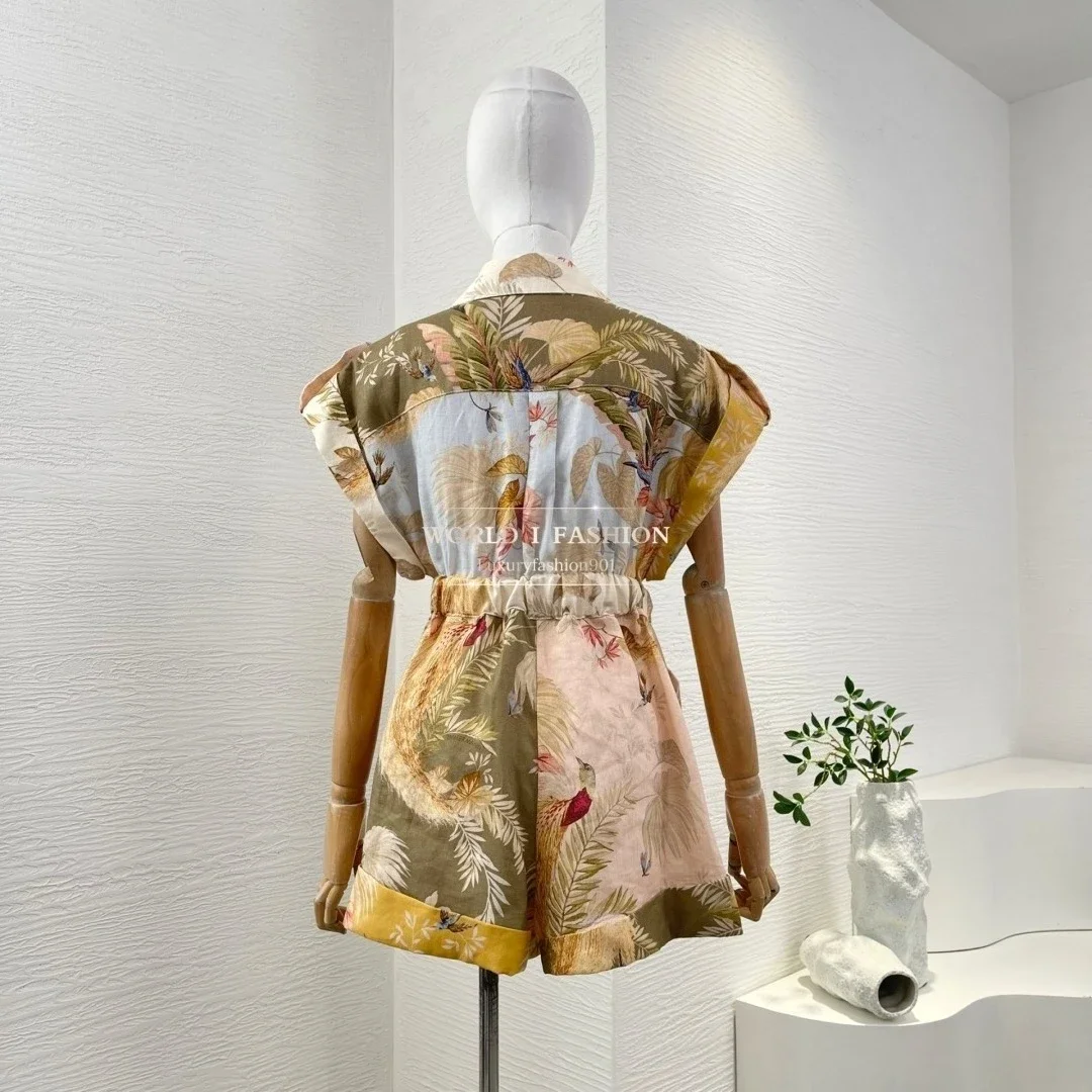 

Beach Style Mulit Colors Elegant Linen High Quality Floral Print Short Sleeve Self Bow Tie At Waist Women Holiday Playsuits