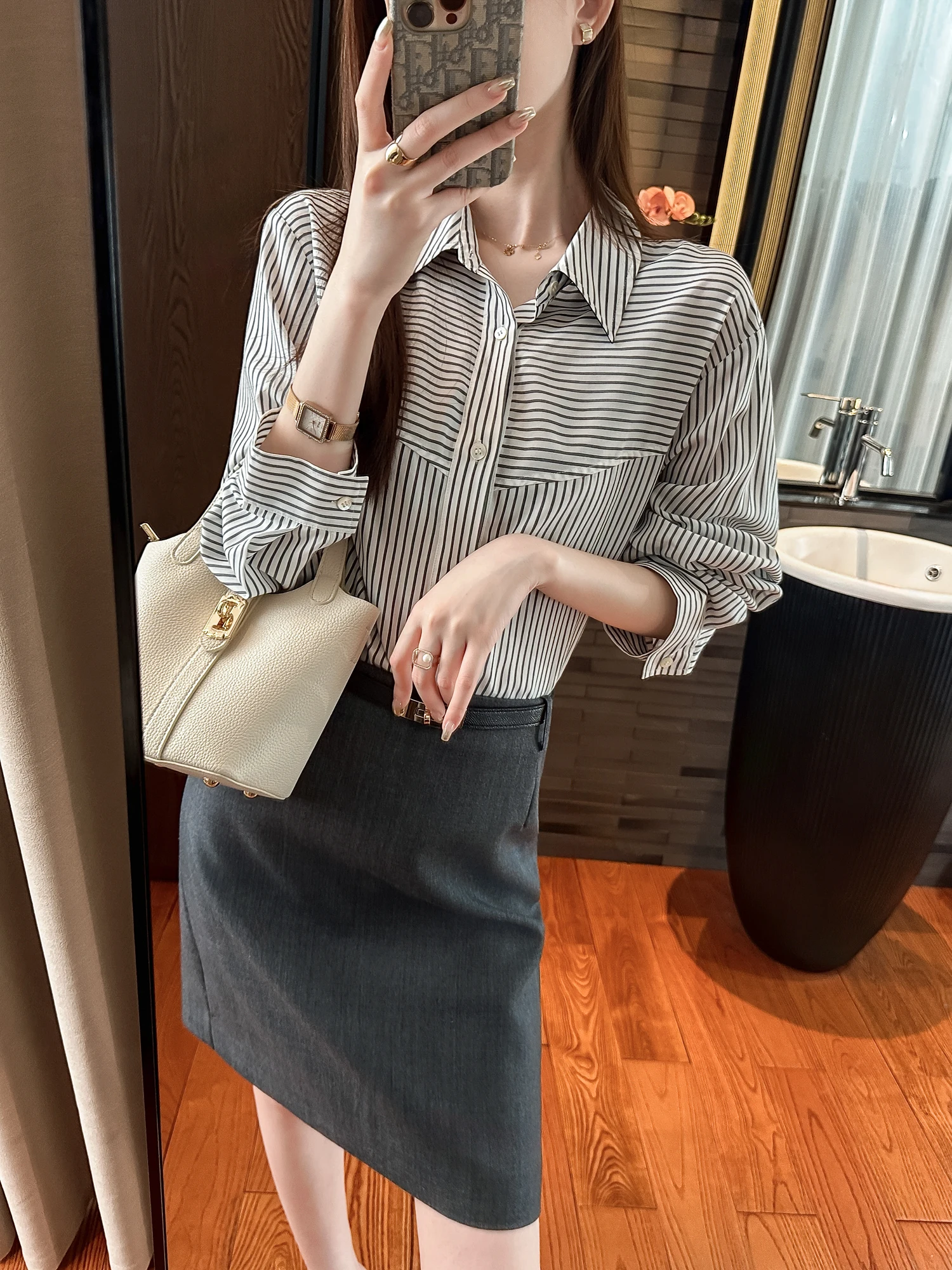 

You See Commuter Simple Striped Slim Fit Top Korean Sle Long Sve Breathable Comfortable Autumn irt for Women