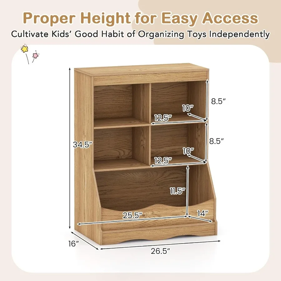 Organizer na zabawki z drewna z regałem i półką ekspozycyjną do pokoju dziecięcego, przedszkola lub garderoby, szafka z 4 przegródkami z naturalnego drewna.
