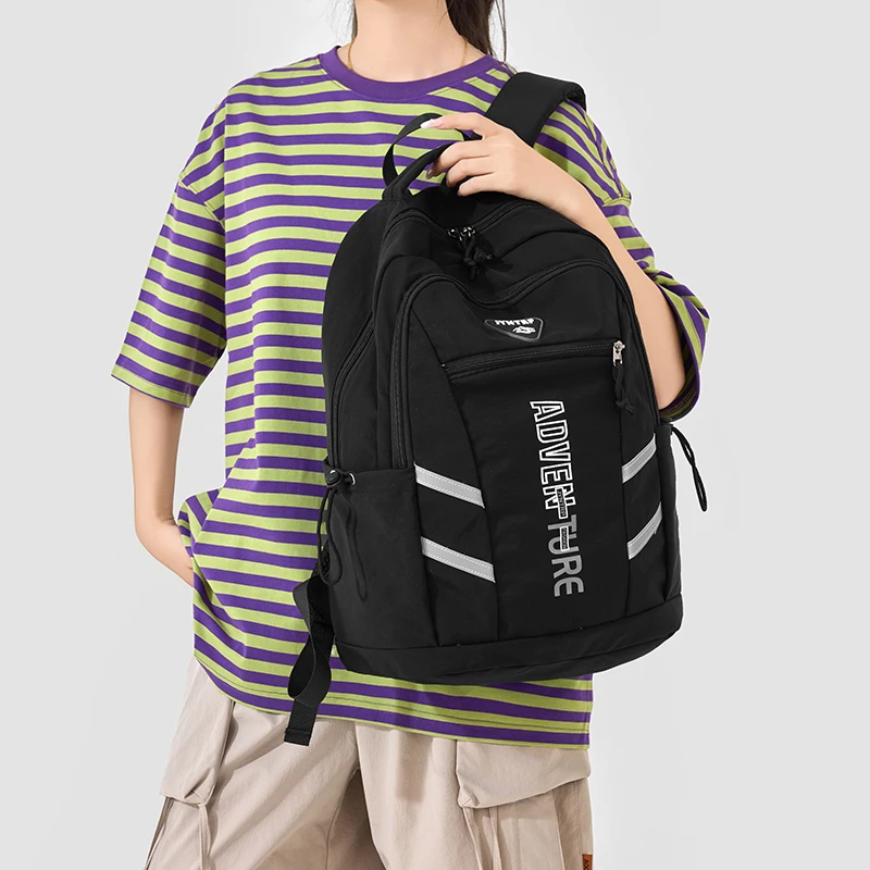 Color Block Student Backpack With Reflective Strips Letter Print Large Capacity Laptop Rucksack For Teen School Daily Travel