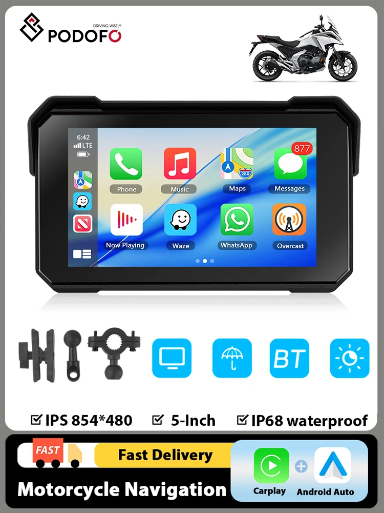 Podofo 5-Zoll HD-Bildschirm Motorrad-GPS-Navigation Tragbarer Smart Player Kabelloses Carplay Android Auto Display-Player Unterstützt Wasserdichten Moto-Monitor