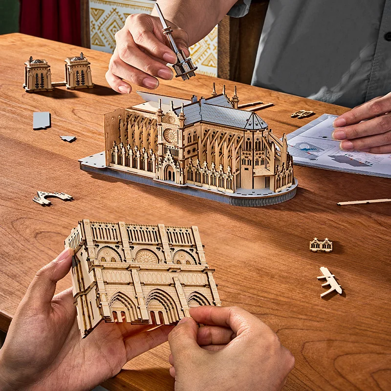 Robotime Katedra w Paryżu Puzzle 3D Drewniane Duma Wyświetlania Skala Laserowo Cięty Drewniany Model Zestaw Prezent dla Miłośników Architektury Dzieci Dorosłych