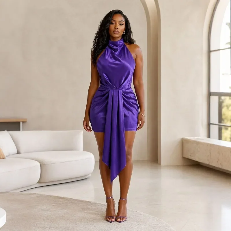 

GUWU New Women's Satin Dress Sexy Party Halter Neck Mini Dress with Open Back Dress