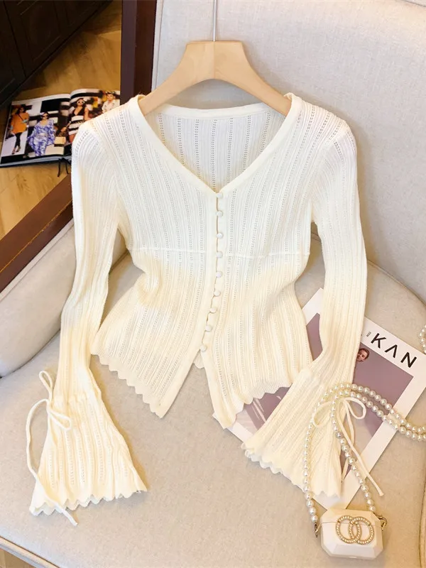 

Elegant V-Neck Hollow Knitted Sweater Women's Spring 2026 Fashion Sleeveless Cardigan Waist-Cinched Long Sleeve Korean Style
