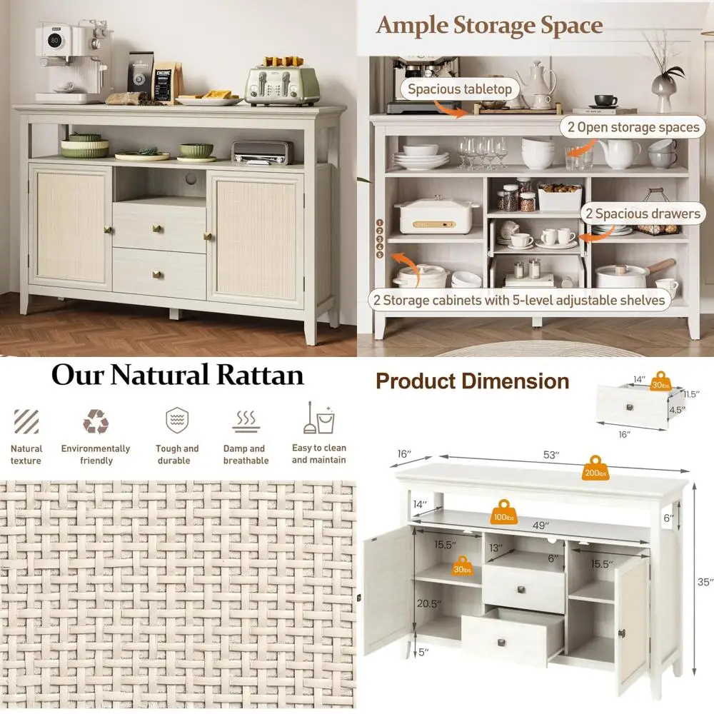 

53 Rattan Coffee Bar Cabinet with 2 Doors and 2 Drawers, Boho Sideboard Buffet Cabinet, Modern Farmhouse Console Table