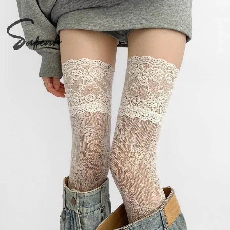 Calze a rete in nylon con finiture in pizzo sexy per donna Calzini lunghi sopra il ginocchio JK con rete dolce floreale retrò traspirante