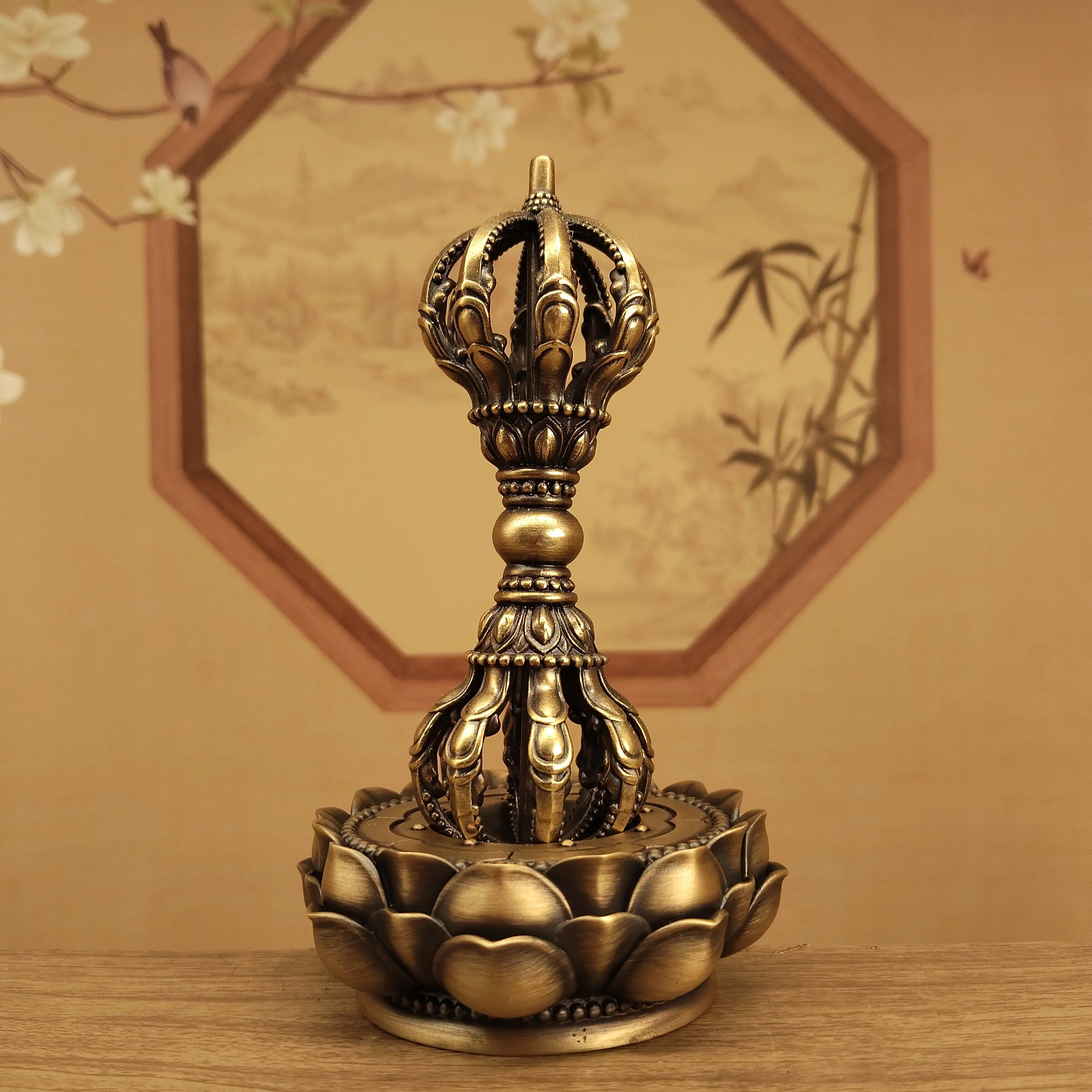 Nepal Craft Antique Brass Nine-Prong Vajra Ritual with Lotus Base Home Altar Blessing