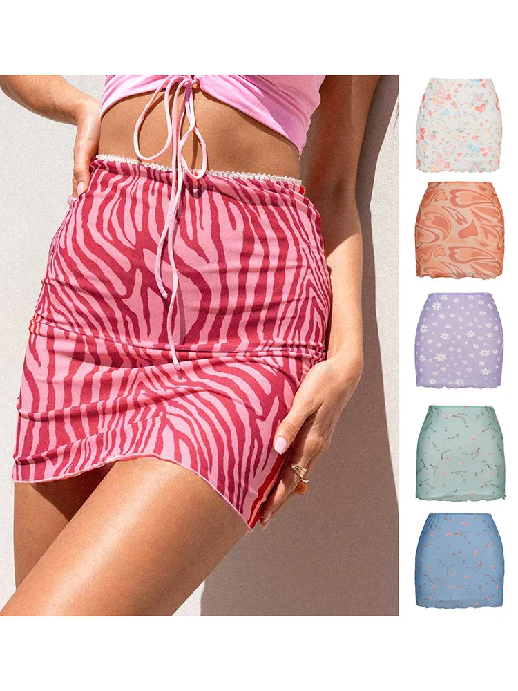 New Floral Printed Mesh Summer Skirt Women Bodycon Polyester Mini Short Elastic High Waist Fashion Casual Dropshipping