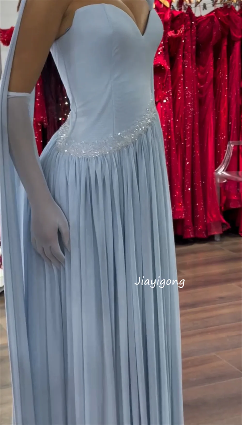 Customized Matching Chiffon Pleat Sequined A-line Sweetheart Long Prom Dresses Bespoke Occasion Exquisite Formal