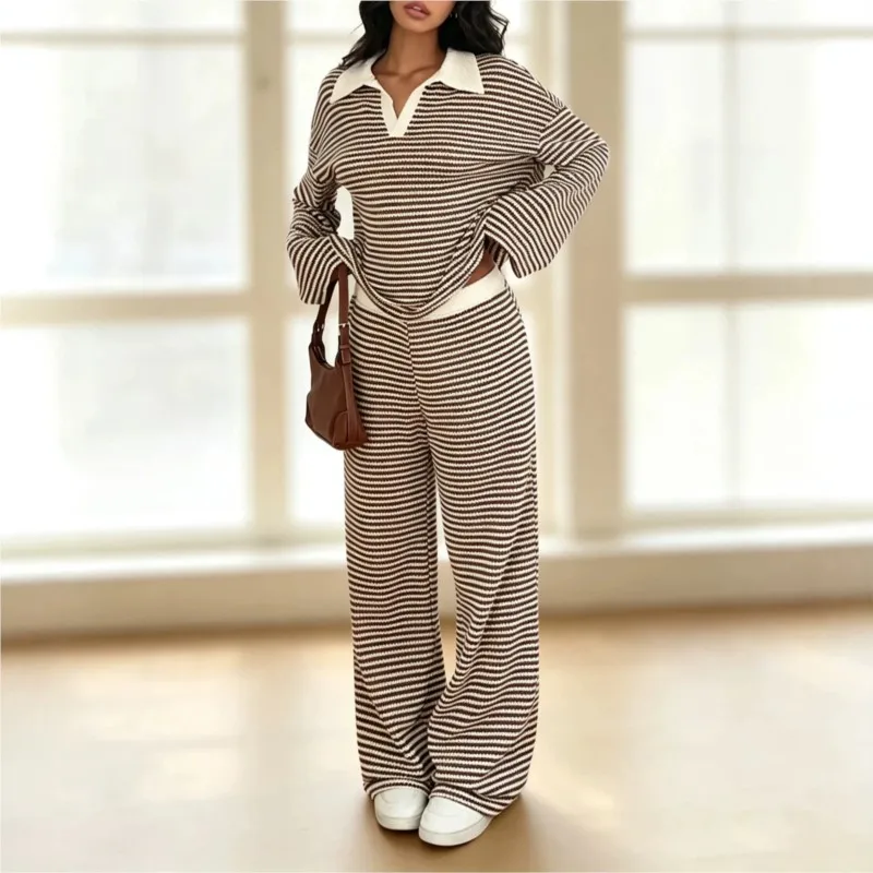 Color Blocked Striped Women's Two-piece Set Spring Autumn Fashion Loose Top+wide Leg Pants Suit Ladies Casual Comfortable Outfit