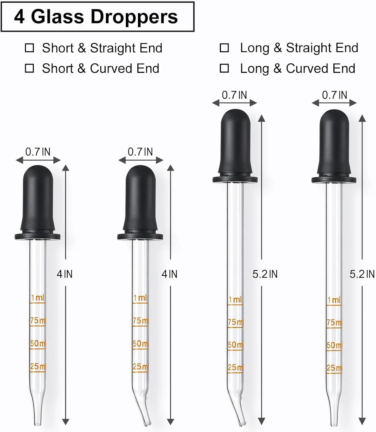 4pcs1 ml glass dropper, with scale, with long type, short type, curved type and straight type, for laboratory and essential oil - view 2