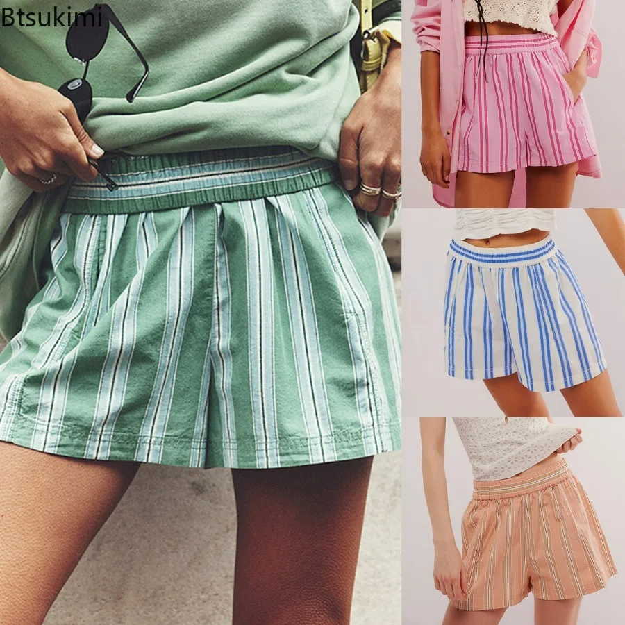 

2024 Women's Summer Casual Shorts Striped Elastic High Waist Loose Baggy Short Trousers with Pockets Streetwear Shorts for Girls