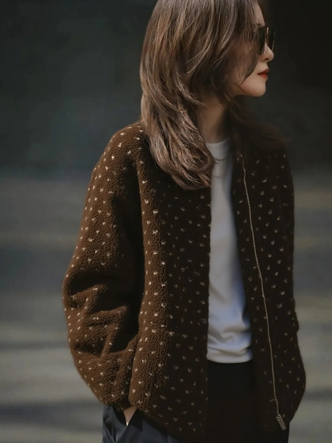 

Caramel Polka Dot Fce Jaet Women's Loose round Ne Lamb Fur ort Thi Outerwear Korean Sle Stand Size Commute Se...