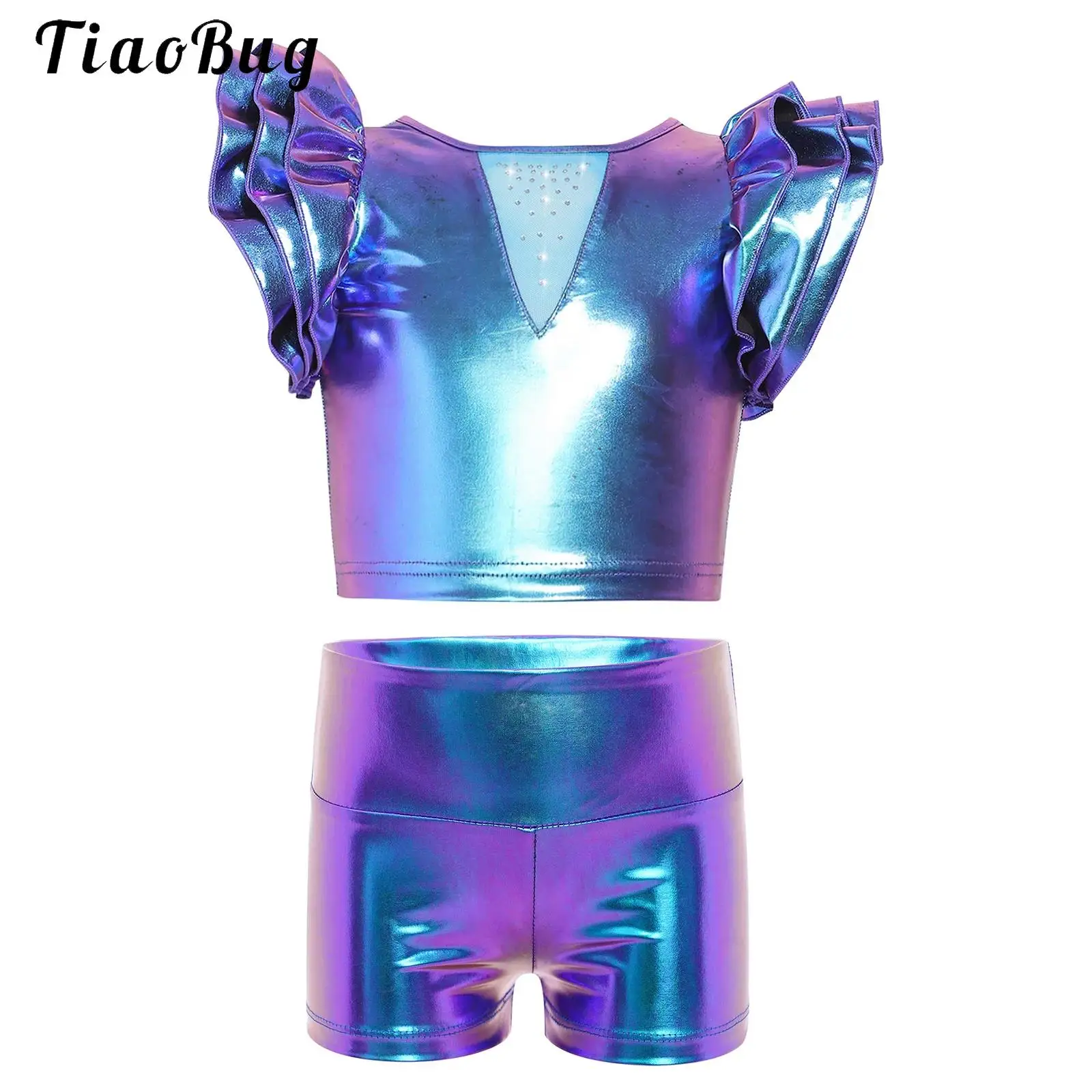 Kids Girls Jazz Hip-Hop Dance Outfit Streetwear Layered Ruffled Sleeves Metallic Crop Top with Shorts Cheerleading Costume Set